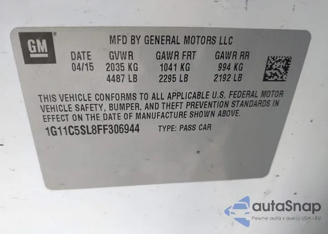 2015 Chevrolet Malibu 1Lt из США, поврежденный, VIN 1G11C5SL8FF306944